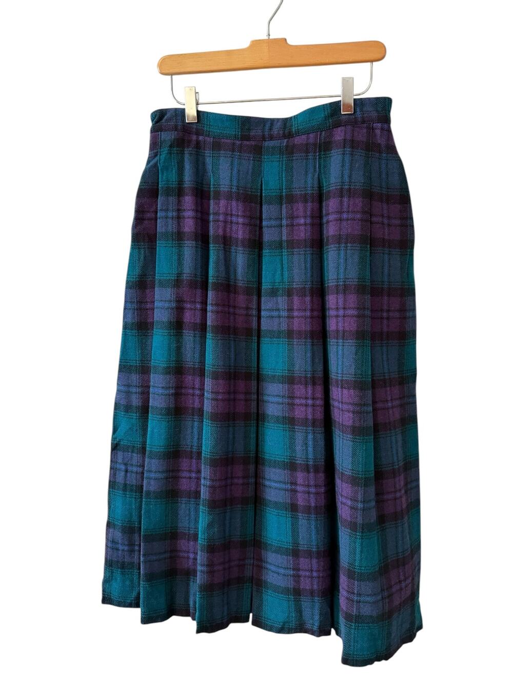 Vintage Woolrich Plaid Pleated Wool Midi Skirt Green Purple